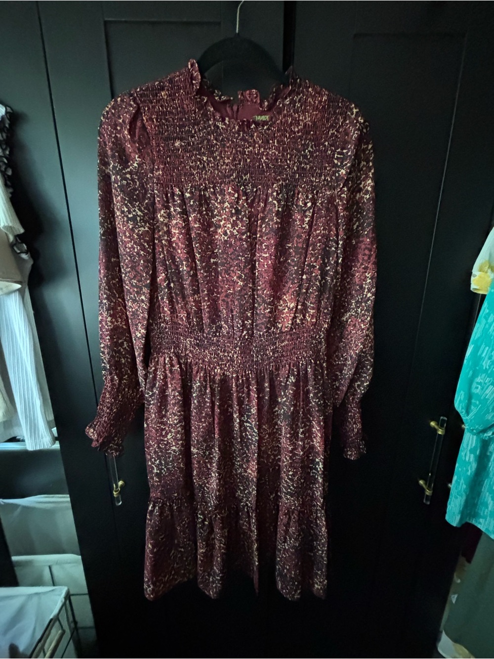 Taylor Burgundy Floral Smocked Long-Sleeve Midi Dress